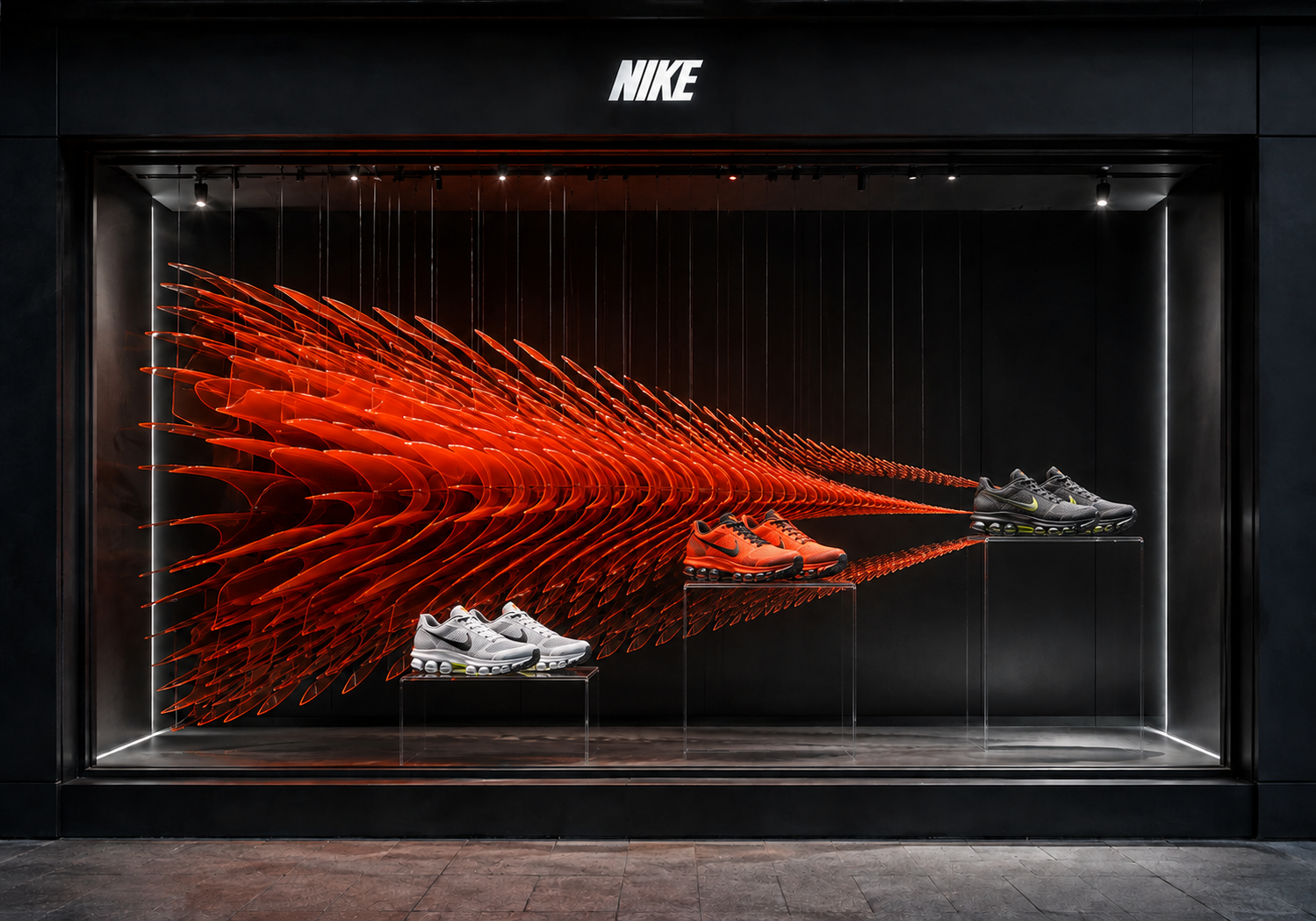 NIKE — След скорости. Независимая концепция витрины MARUK, AI-визуализация.