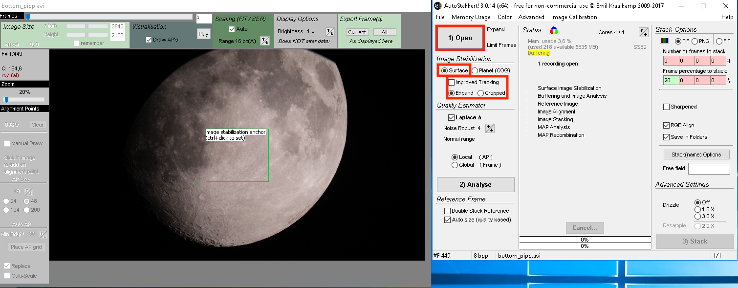 Обработка луны в программе Autostakkert