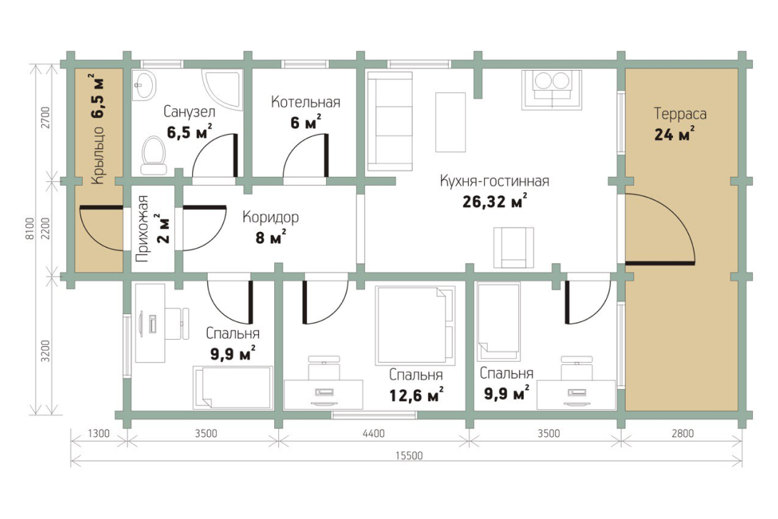 Студия + 3 спальни 112 м². Уральский завод Профилированного бруса в Челябинске