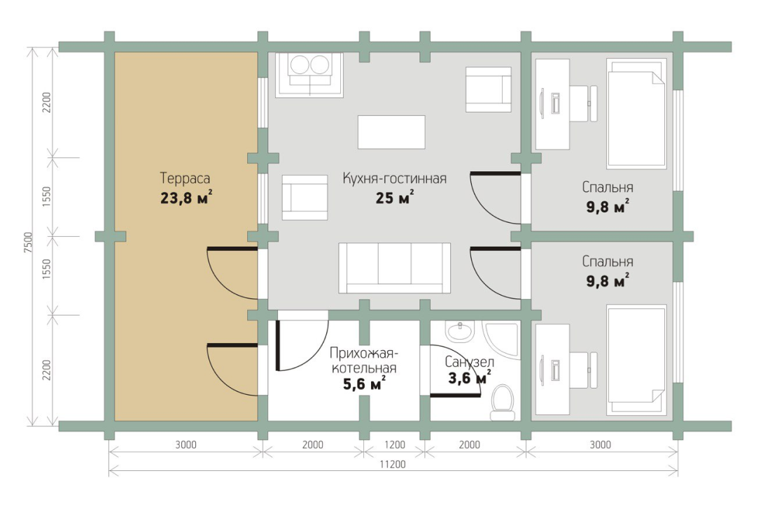 Студия + 2 спальни 78 м². Уральский завод Профилированного бруса в Челябинске