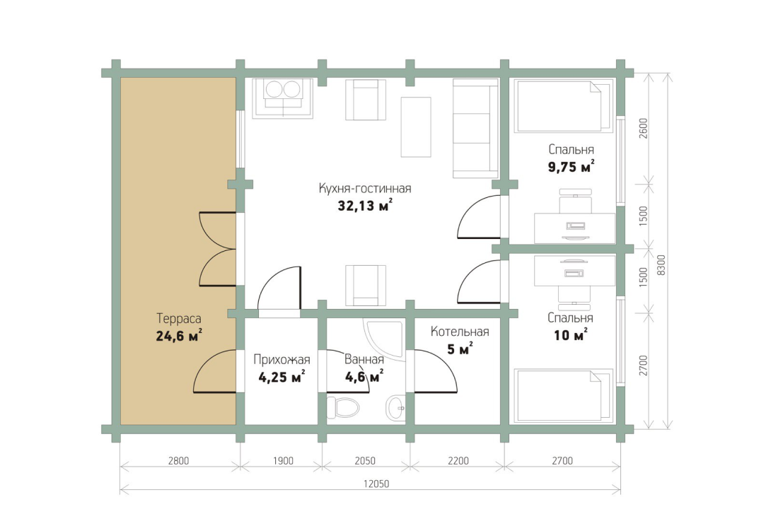 Проект Райский 2 спальни 90 м². Уральский завод Профилированного бруса в Челябинске