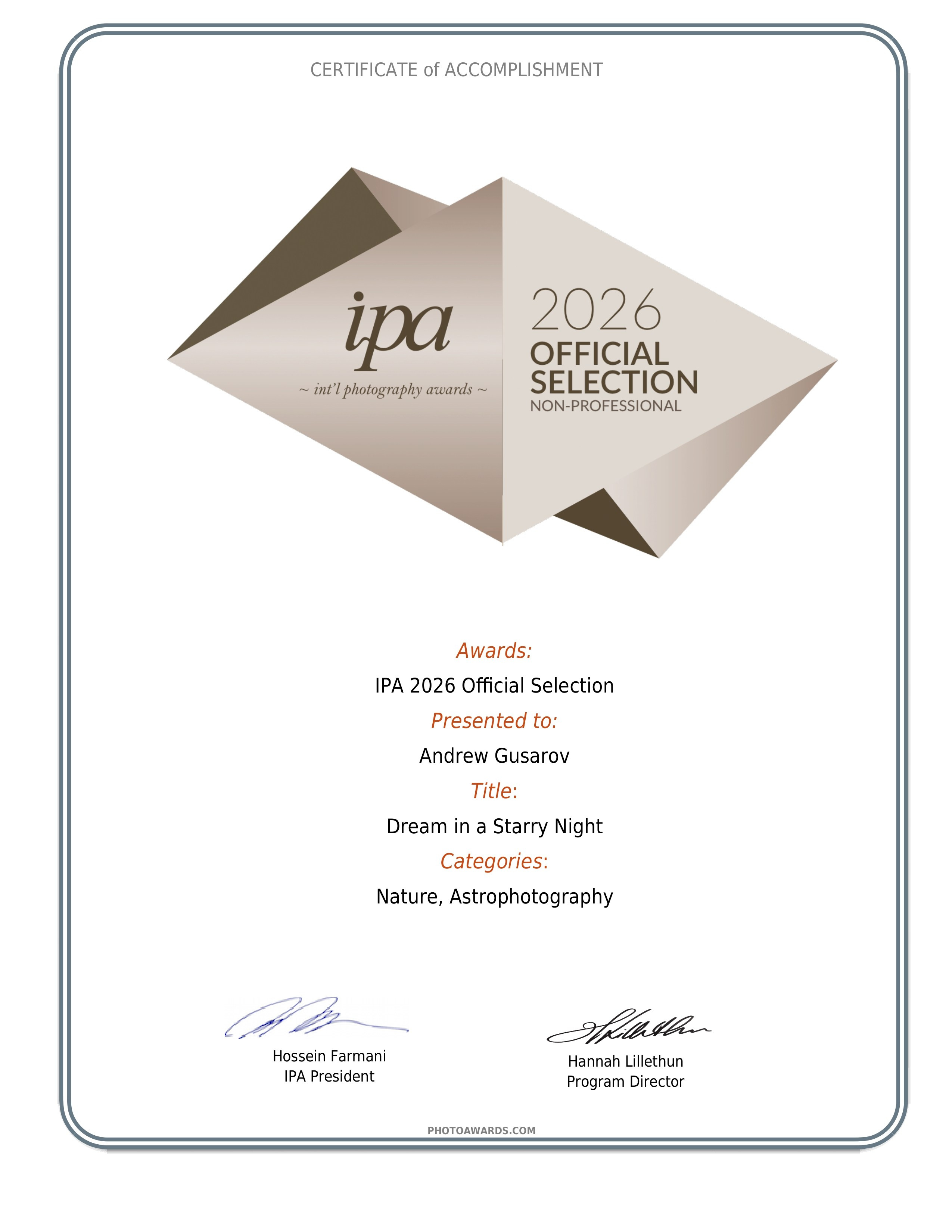 IPA 2026. Andrew Gusarov Nature Photography