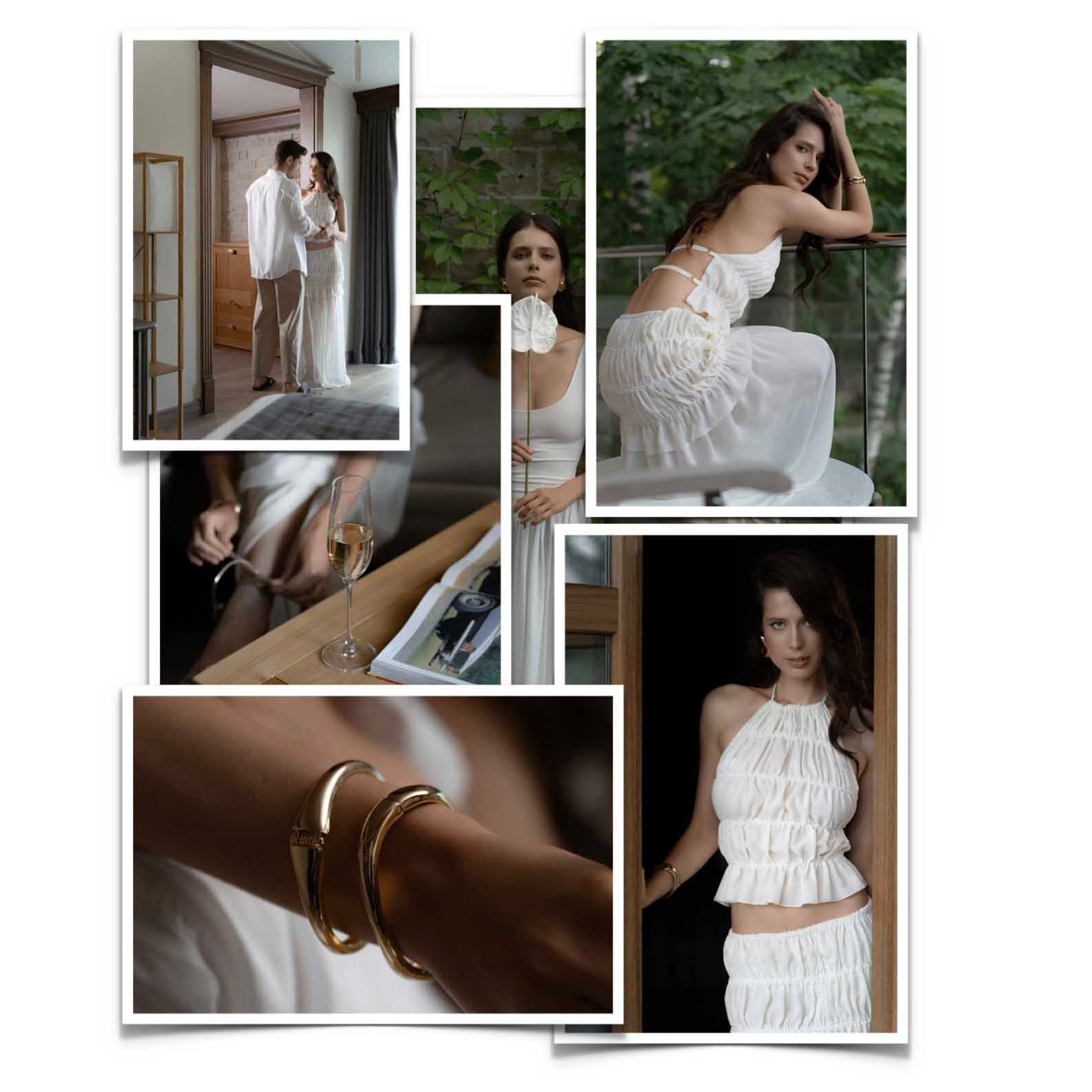 Коллаж с деталями свадебного утра: платье, кольца, украшения и портрет невесты