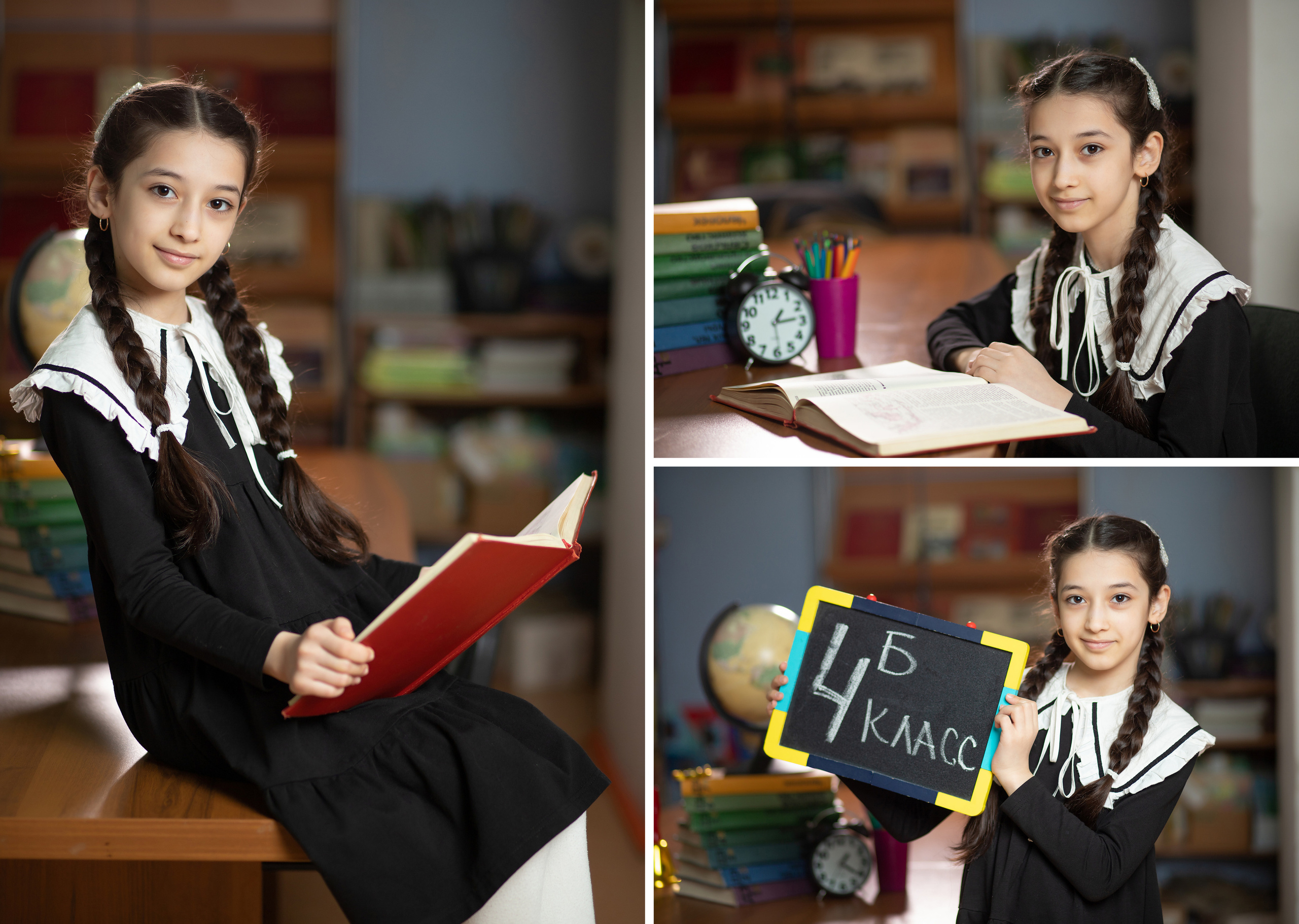Девочка в форме на школьной фотосессии в библиотеке
