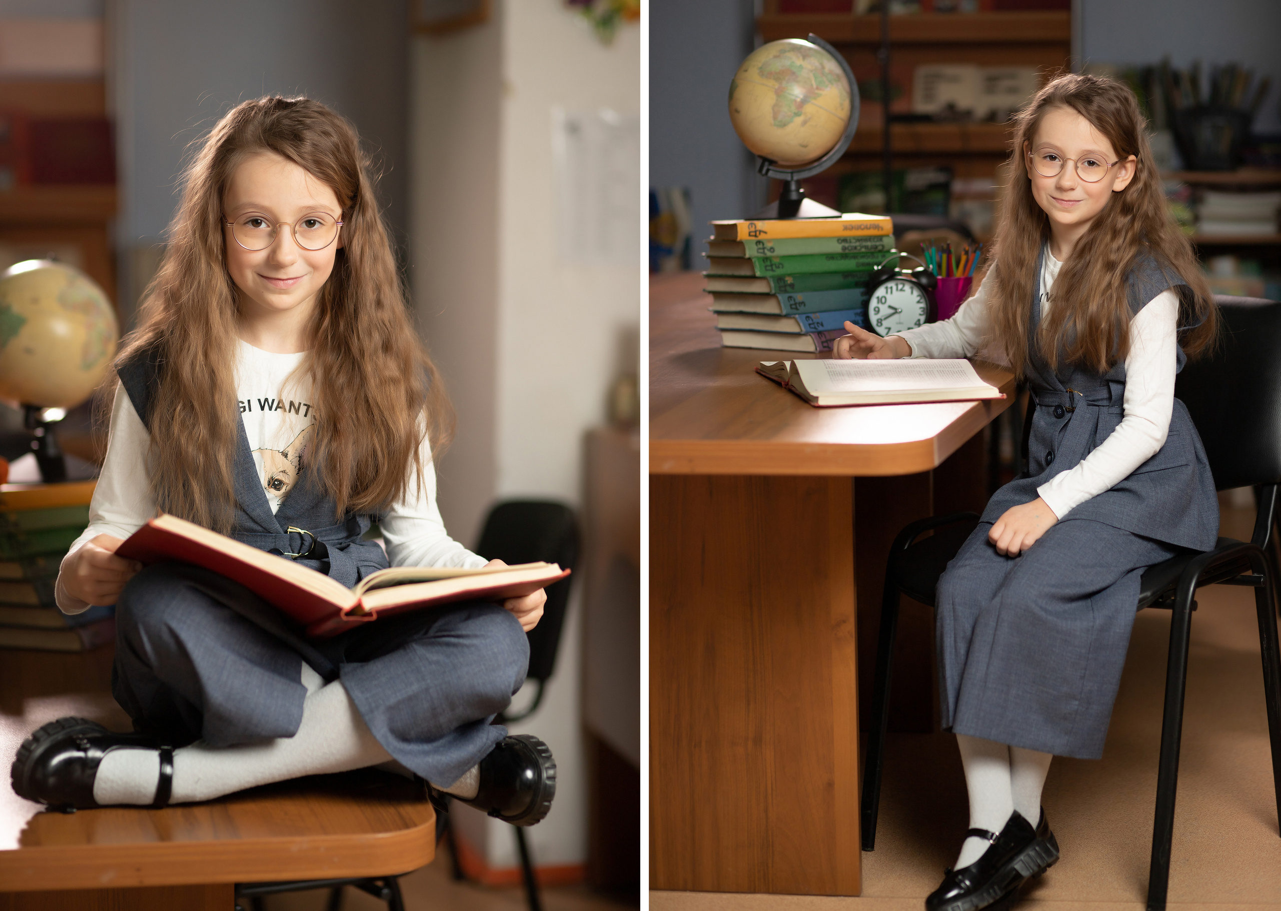 девочка в библиотеке с книгой и глобусом 