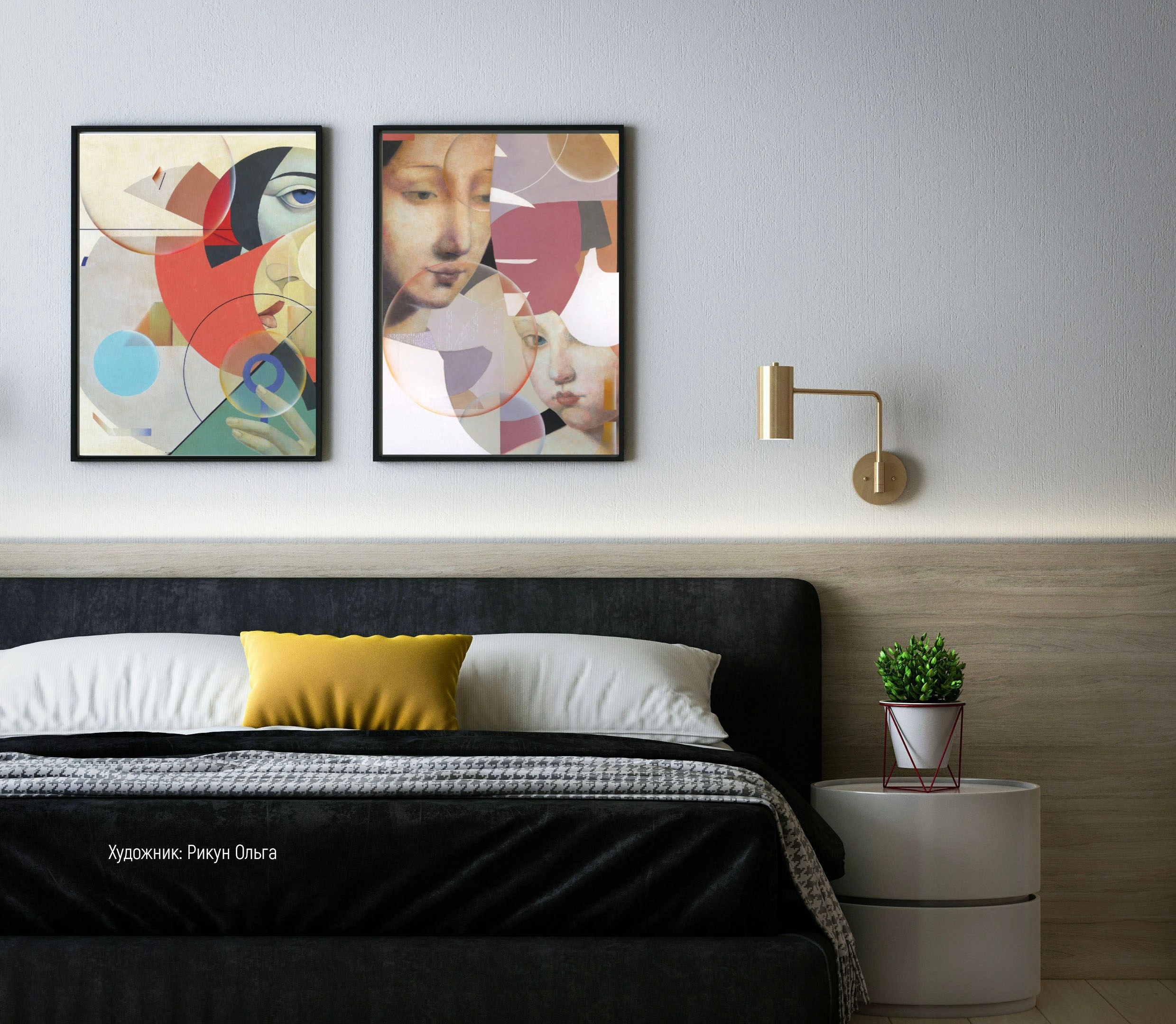 Картины в интерьере за изголовьем кровати