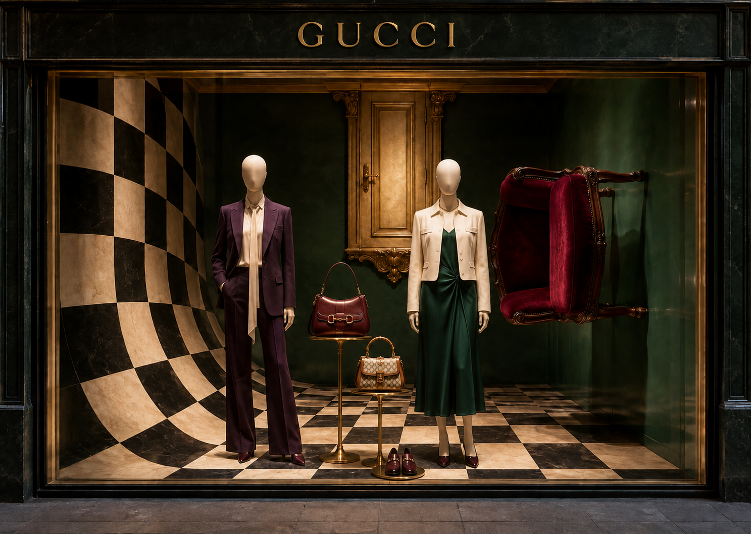GUCCI — Перевёрнутый салон. Независимая концепция витрины MARUK, AI-визуализация.