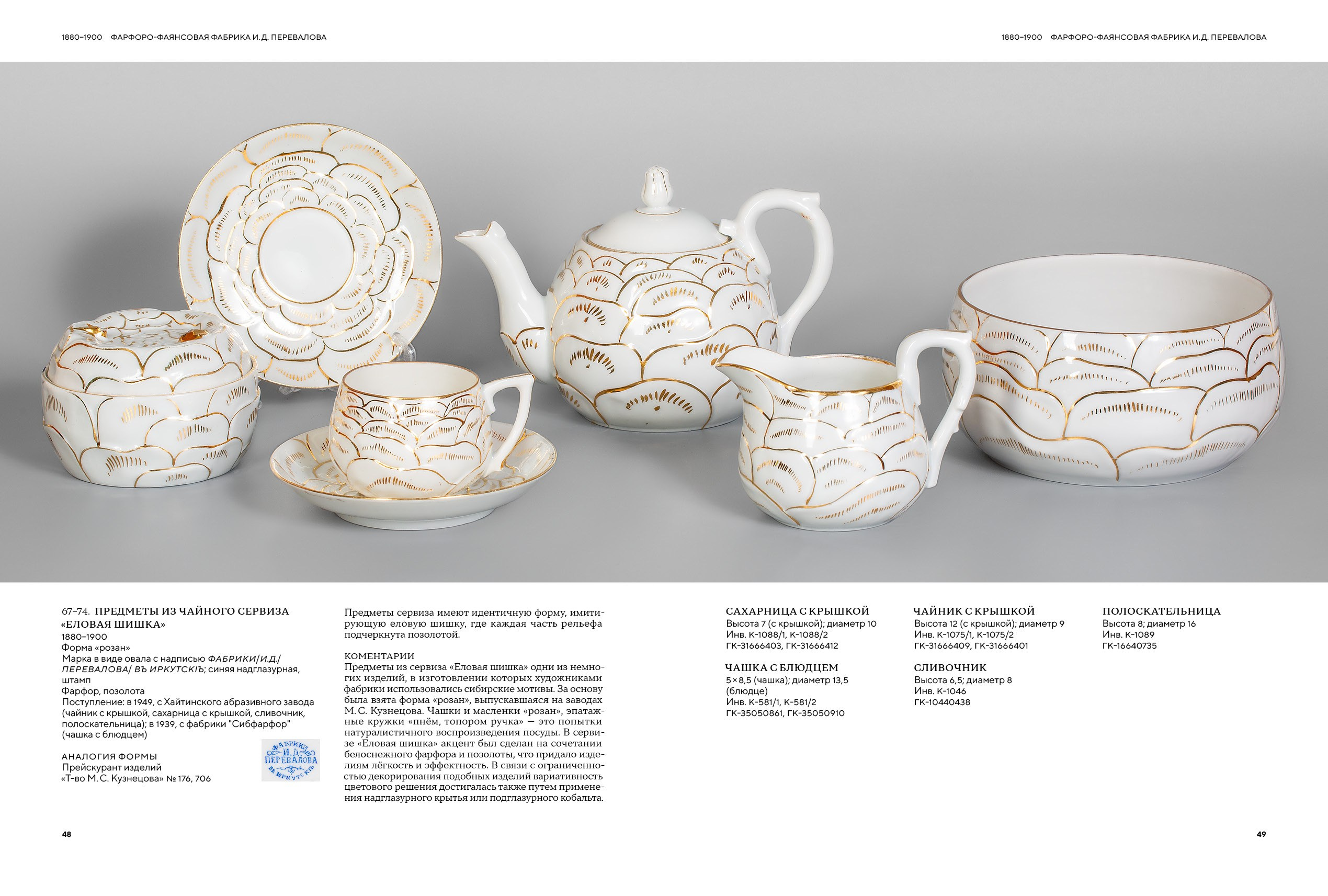 Предметы из чайного сервиза «Еловая шишка». Разворот из альбома «Сибирский фарфор»