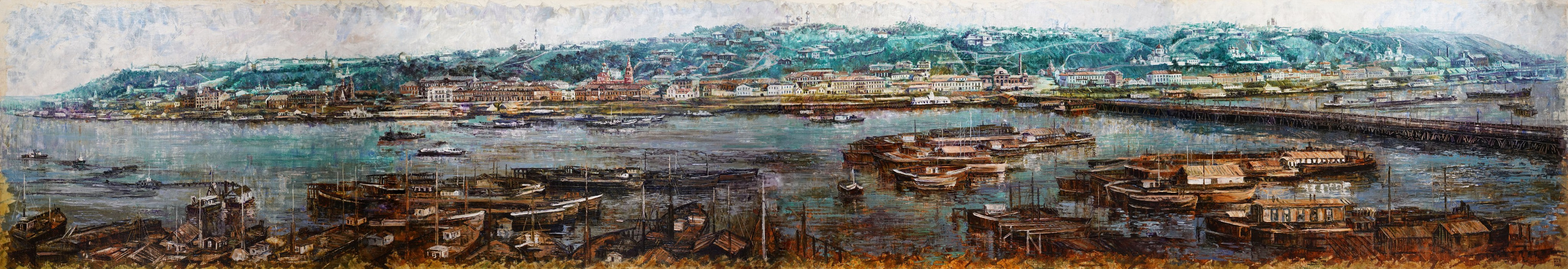 Нижний Новгород, старый Нижний, нижегородский кремль, картины с Нижнем Новгородом, река Волга, Ока, пристань, художник Марина Новосельская, ретро, корабли, теплоходы, картина в подарок, нижегородские художники, достопримечательности Нижнего Новгорода, панорама Нижнего Новгорода, царственно поставленный город