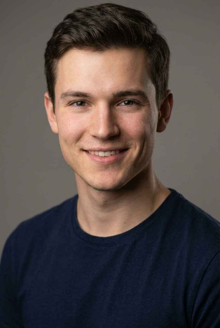 Headshot актёра с естественной улыбкой на сером фоне для кастинга