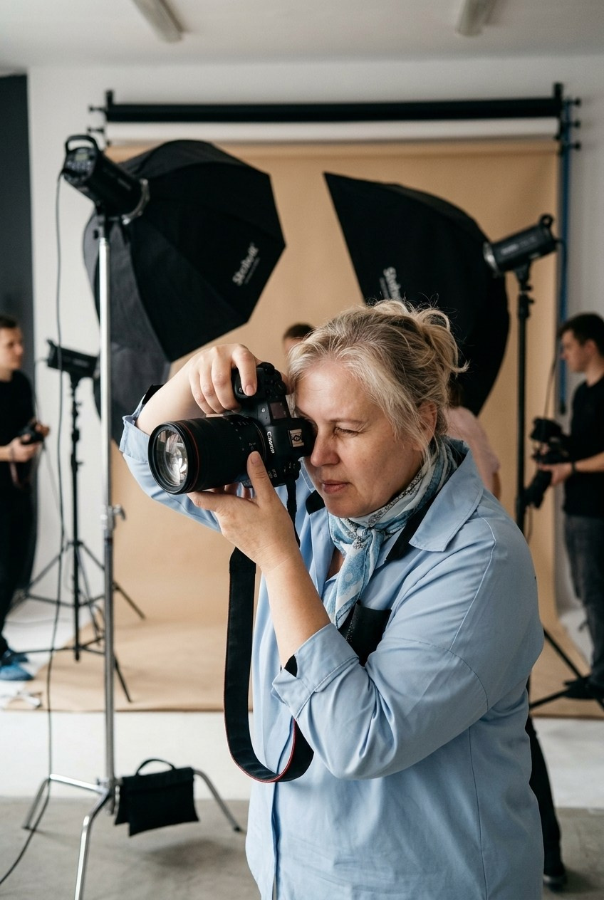 Фотограф делает снимок на фотоаппарат на фоне студийного оборудования