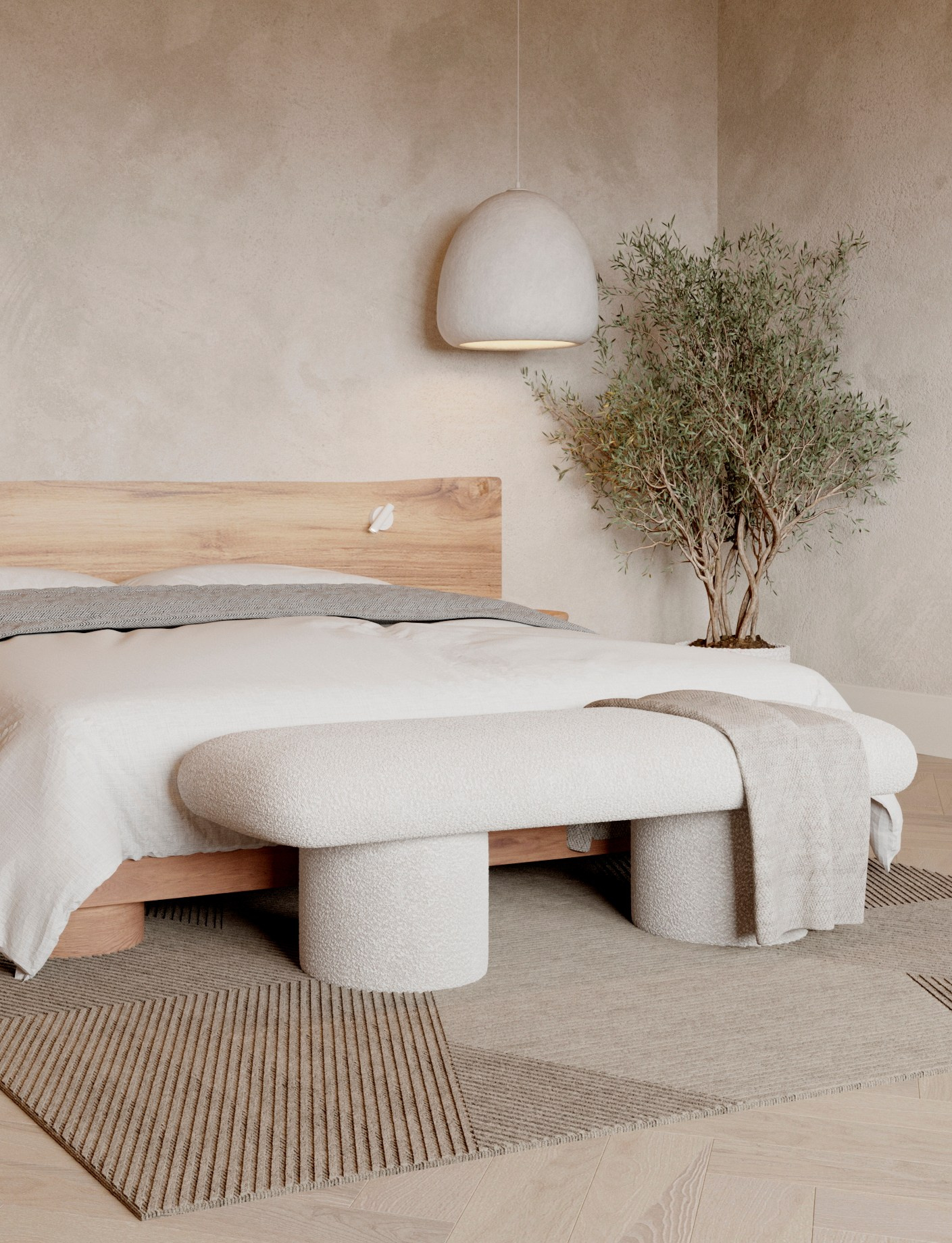 спальня в стиле ваби-саби, кровать с изголовьем из слэба