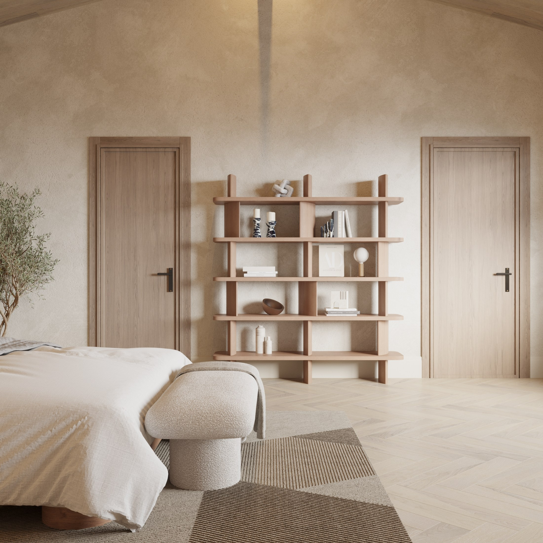 деревянный стеллаж в стиле wabi-sabi