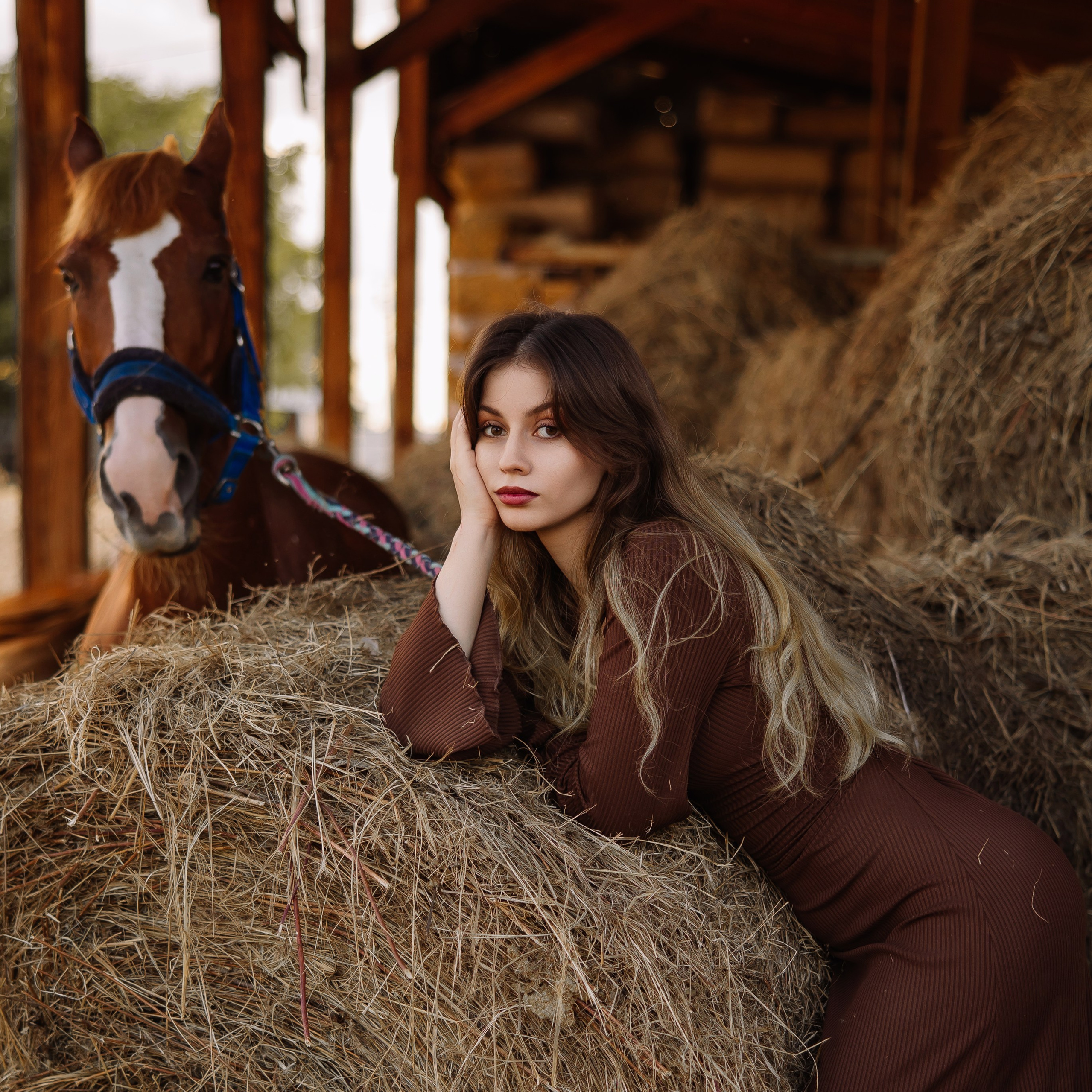Девушка на сеновале с лошадью
