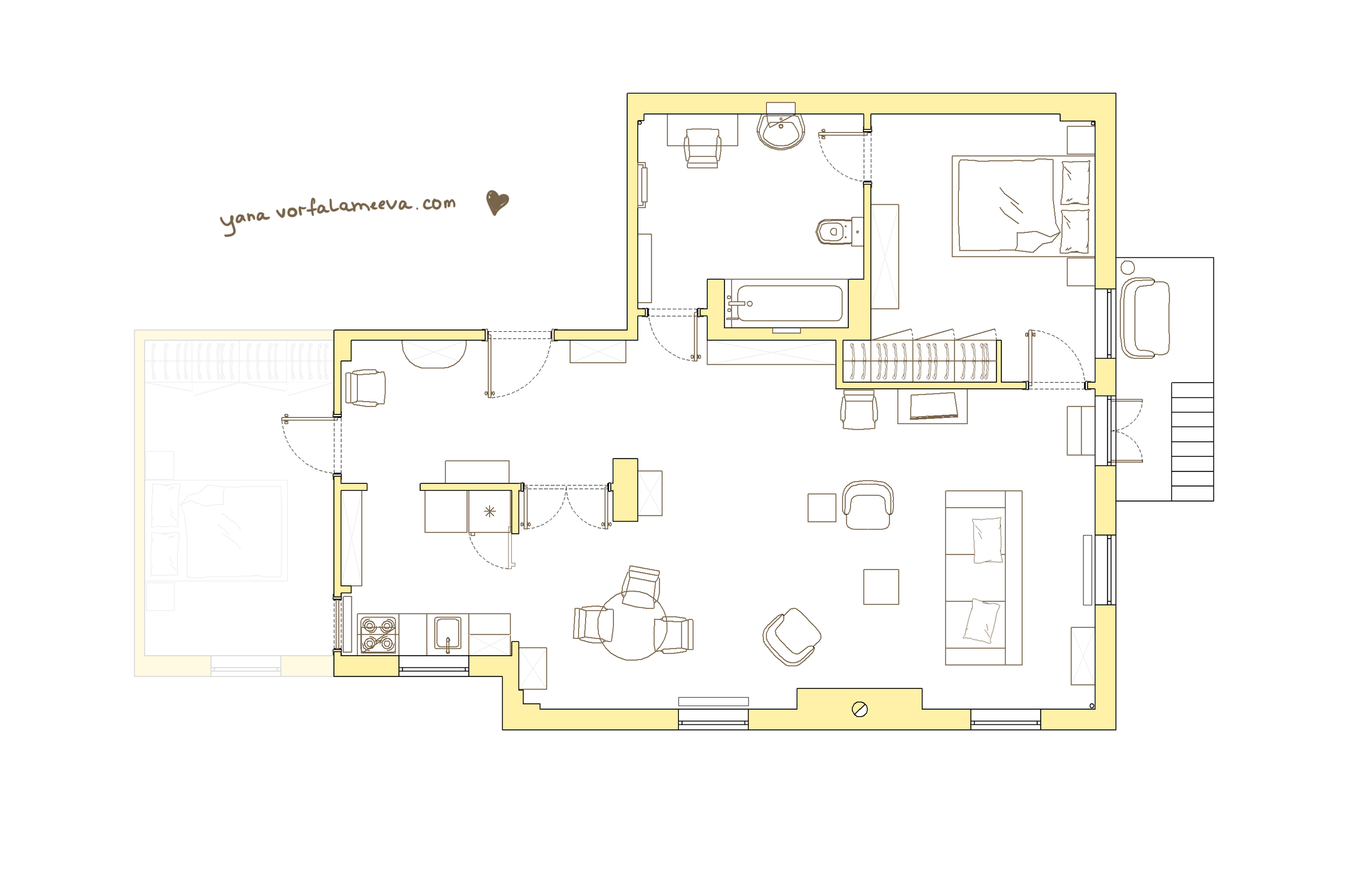Планировка квартиры Кейт Маккей из фильма «Кейт и Лео». Дизайн интерьера в Петербурге Ворфаламеева Яна