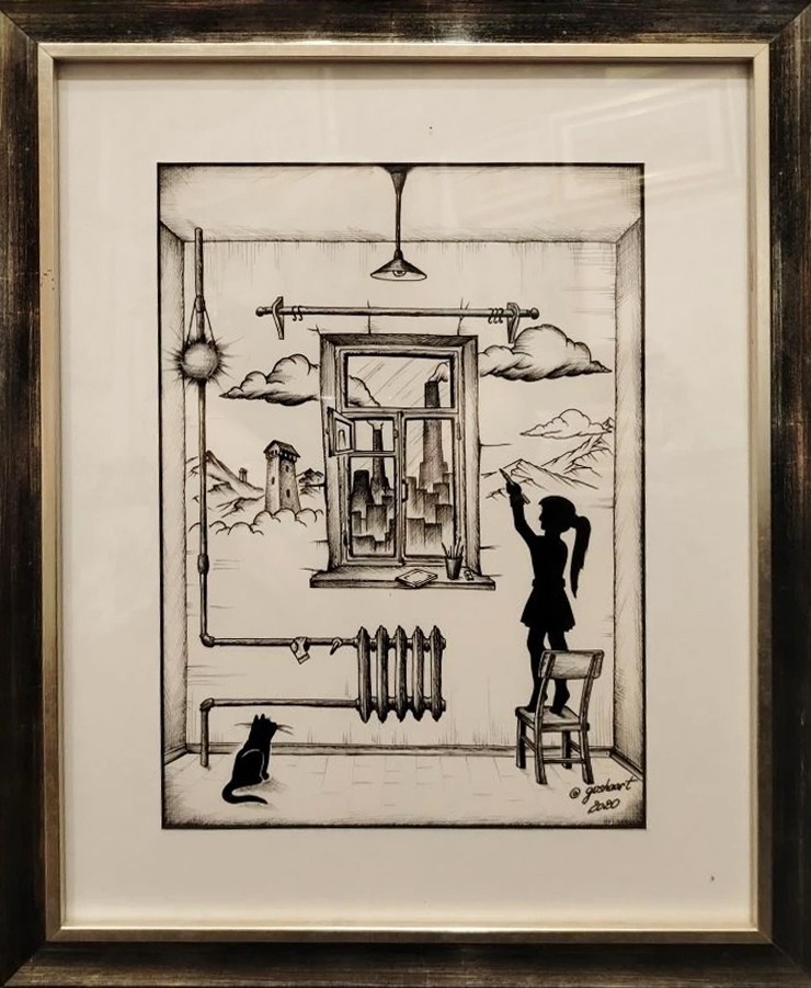 Графика, кот, дом, девочка, мечты