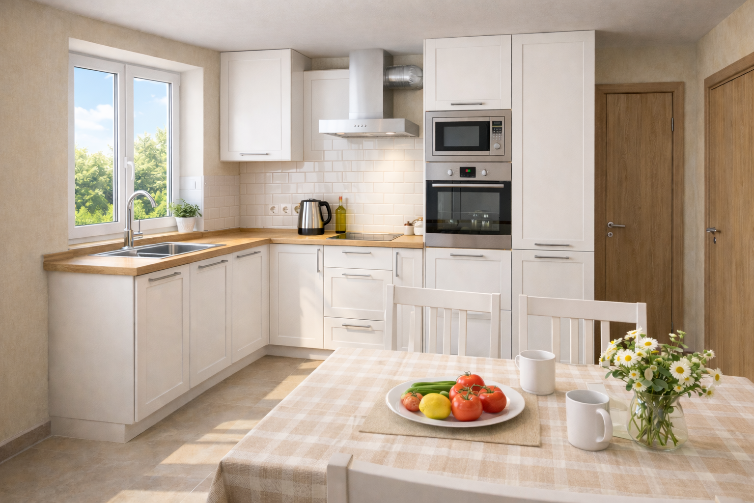 Интерьер кухни с обеденным столом в ясный солнечный день