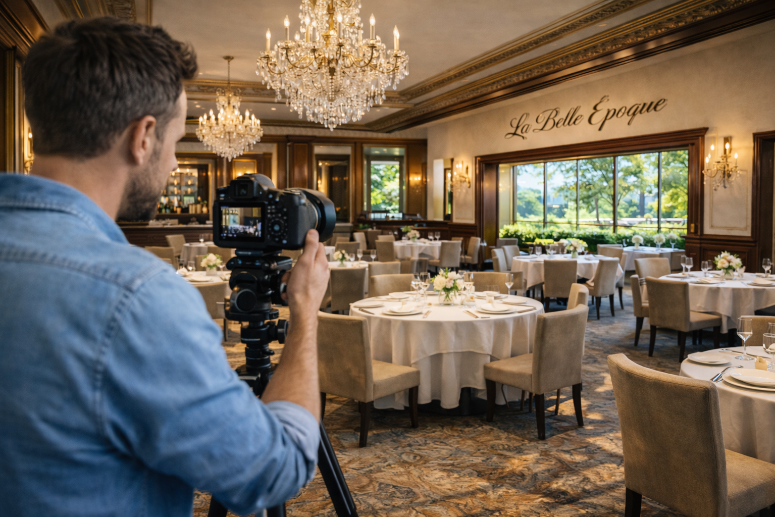 Фотограф проводит интерьерную фотосъемку ресторана