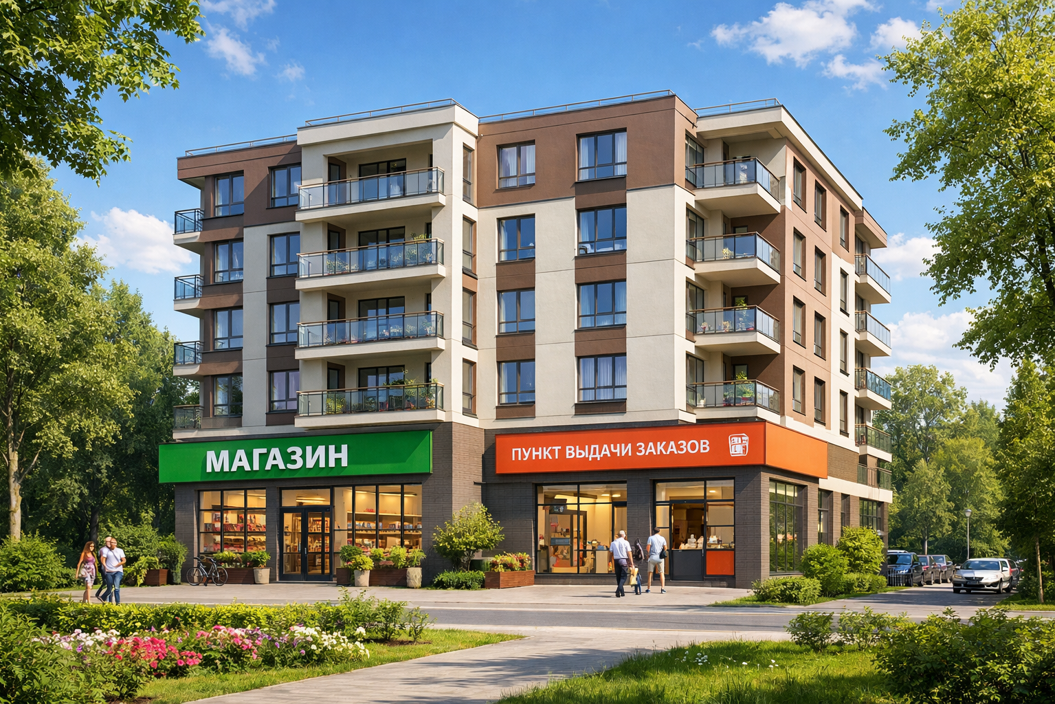 Общий вид фасада дома новостройки