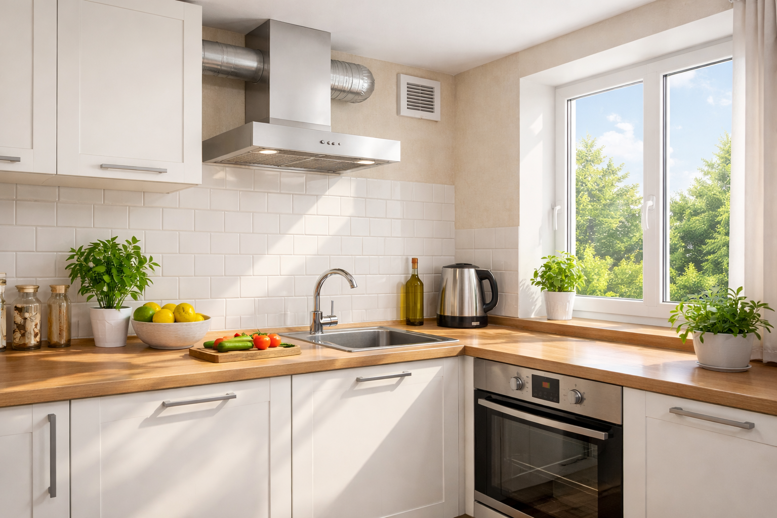 Интерьер зоны раковины в кухне в ясный солнечный день