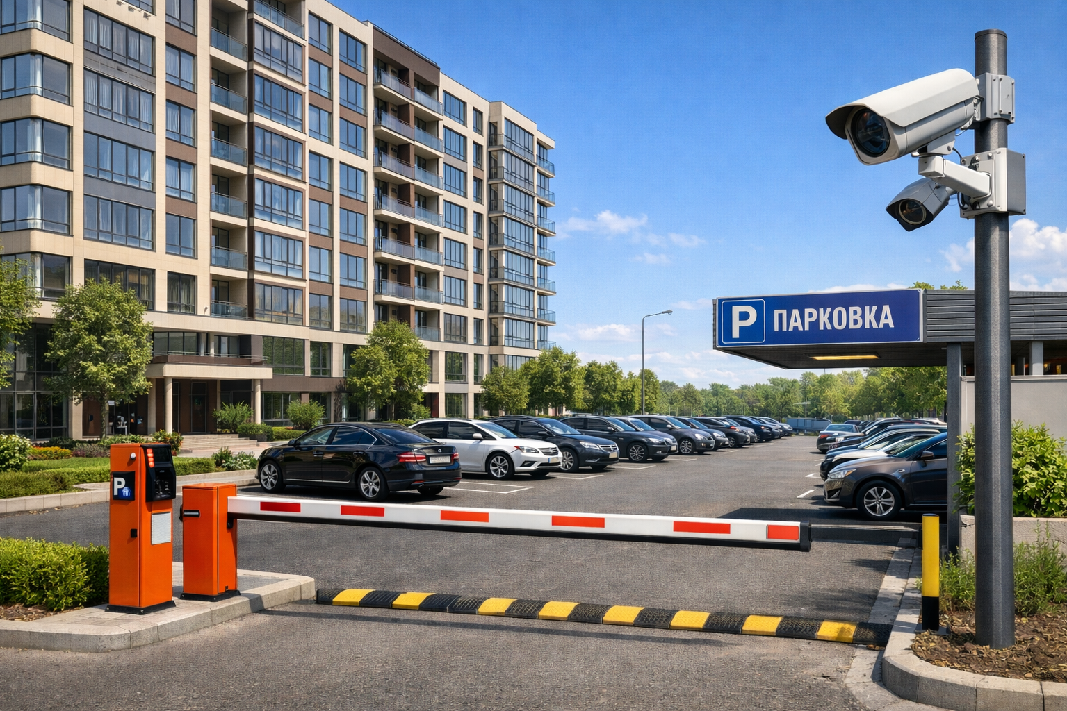 Плоскостная парковка со шлагбаумом и видеонаблюдением