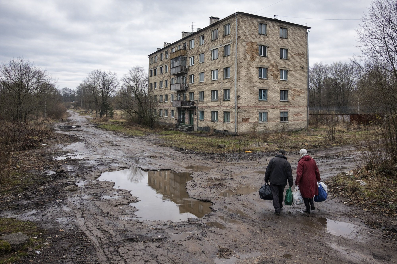 Старая пятиэтажка с плохой дорогой в удаленном районе города