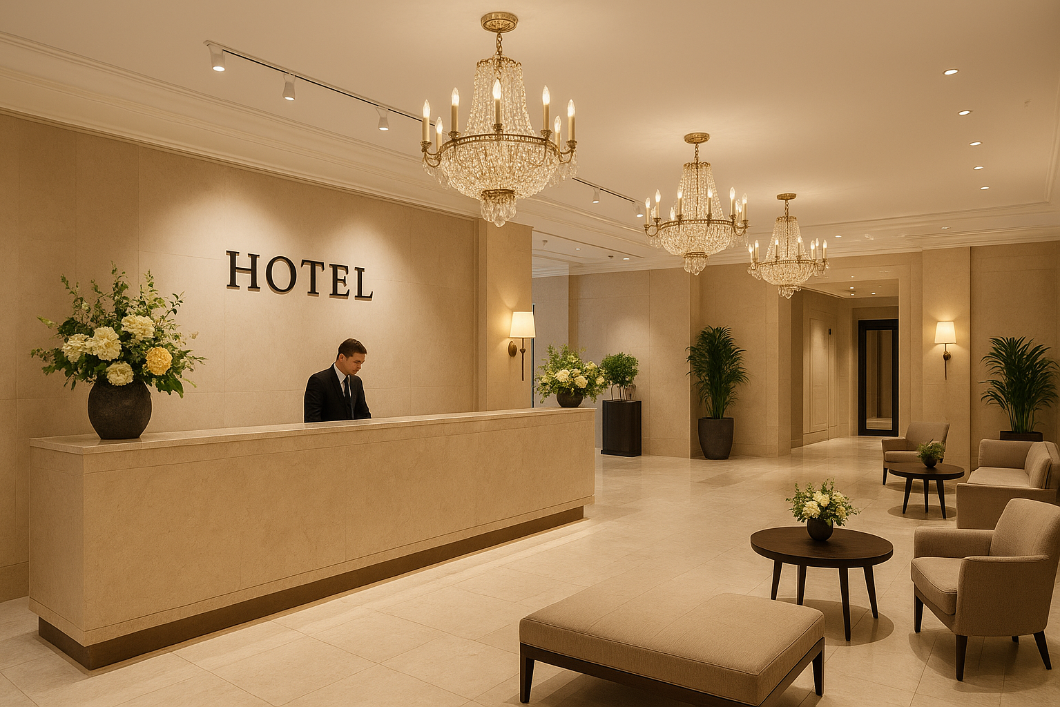 Интерьер пятизвездочного отеля - стойка регистрации и зона ожидания