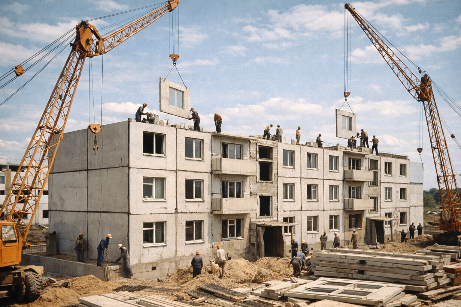 Процесс строительства хрущевки в 1960-е годы