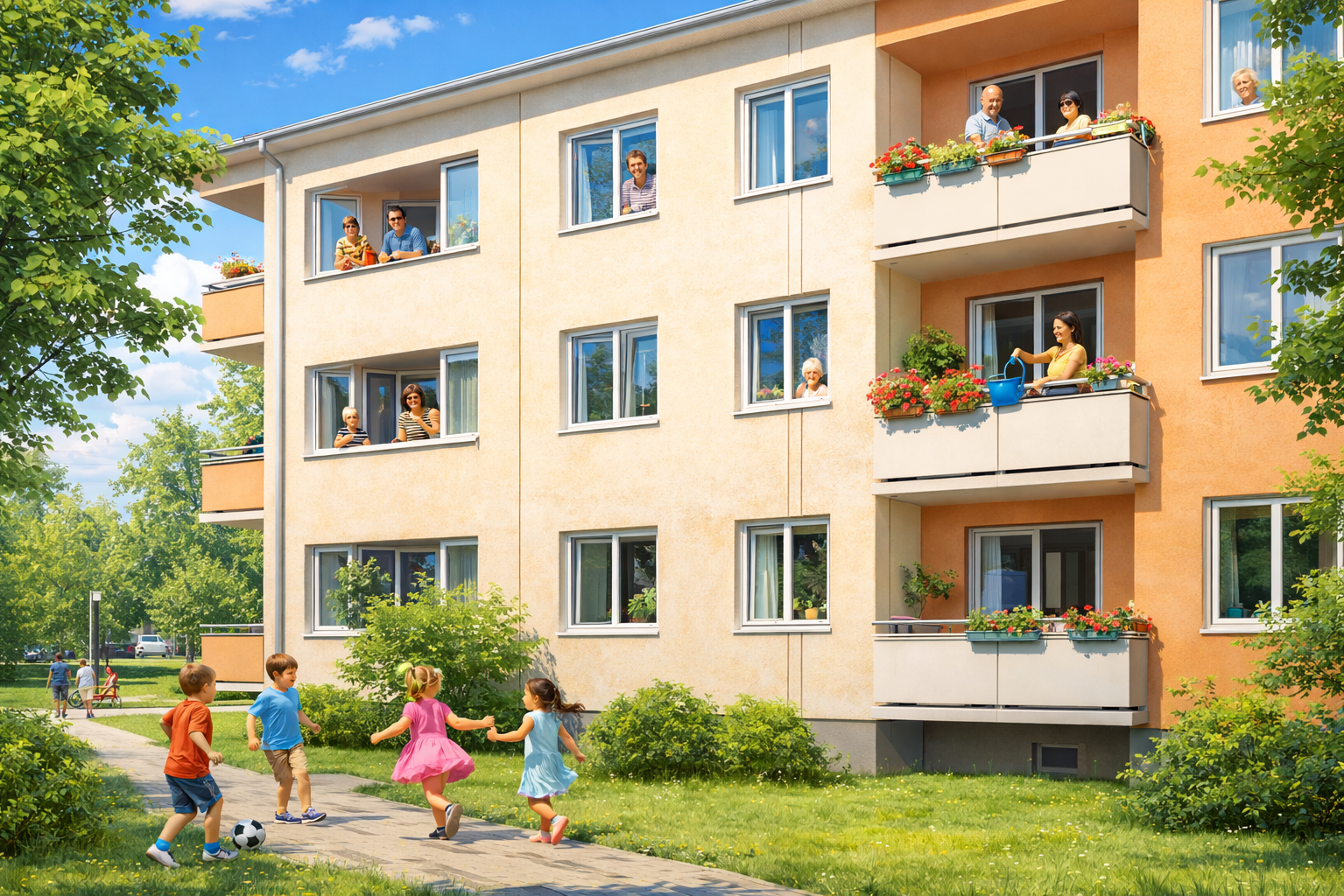 Экстерьер низкоэтажного дома в зеленом дворе в ясный солнечный день