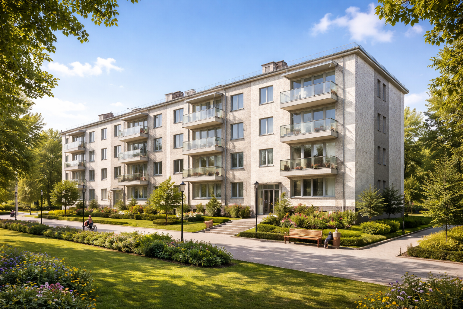 Хрущевка после реновации в ясный солнечный день