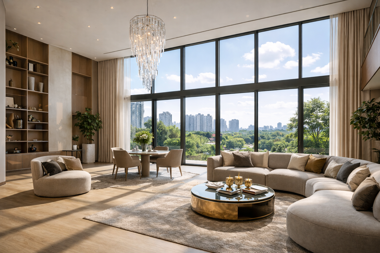 Интерьер гостиной комнаты с высокими потолками и вторым светом