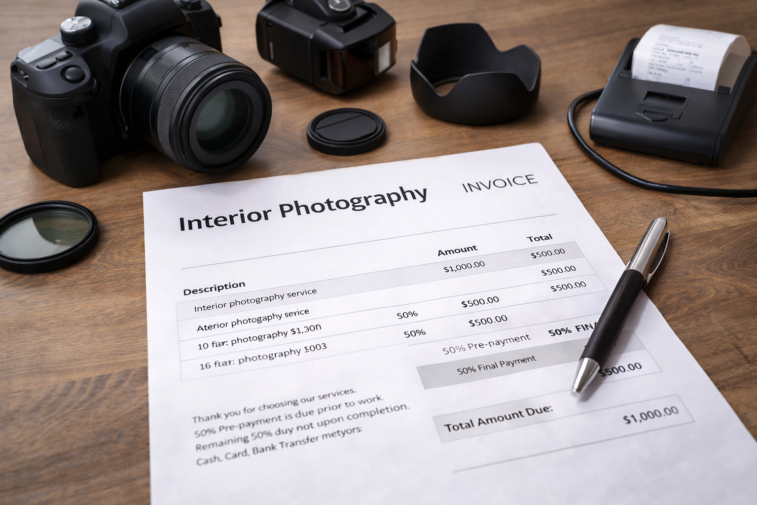 Инвойс на оплату услуг интерьерного фотографа