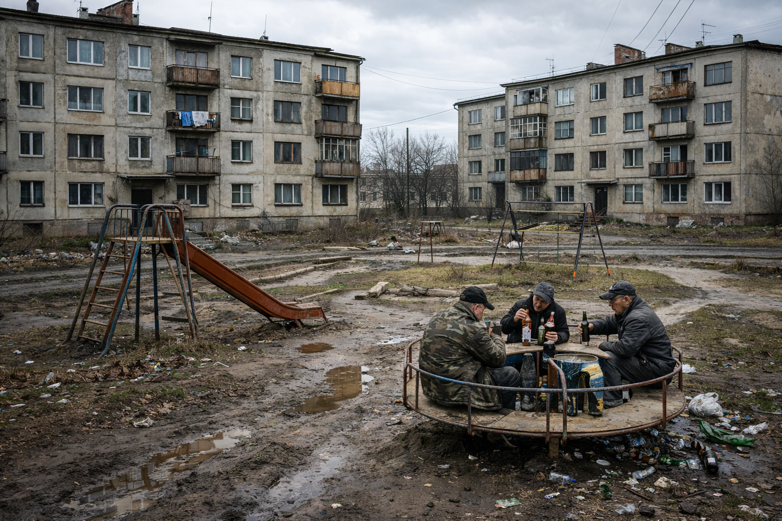 Старые пятиэтажки и разбитая детская площадка