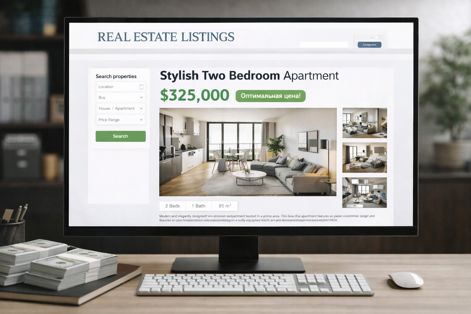 Вид объявления о продаже недвижимости на экране компьютера