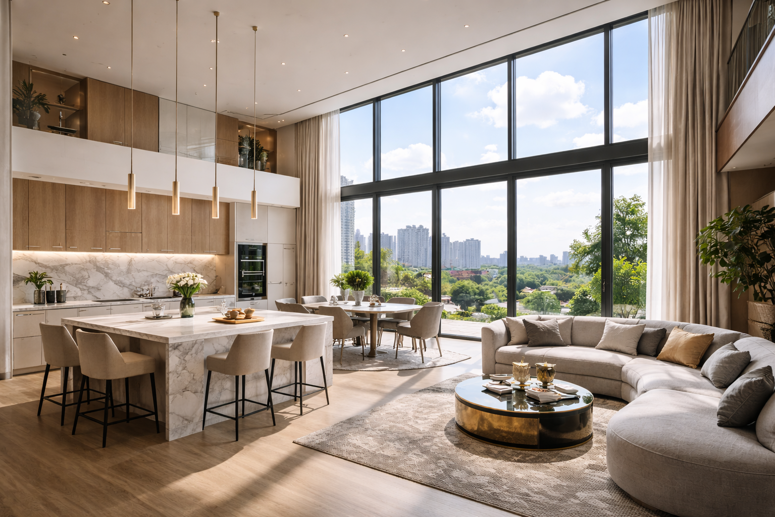 Интерьер кухни-гостиной с высокими потолками в элитном ЖК