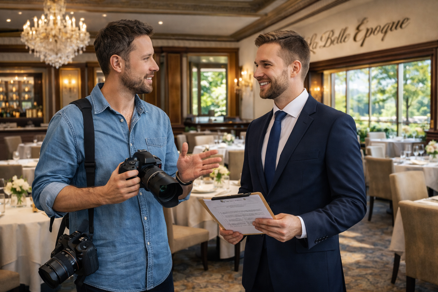 Процесс обсуждения деталей съемки интерьера элитного ресторана