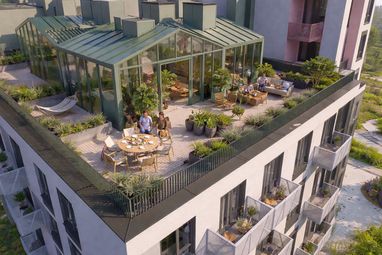 Визуализация квартиры на верхнем этаже жилого дома с собственной оранжереей на крыше