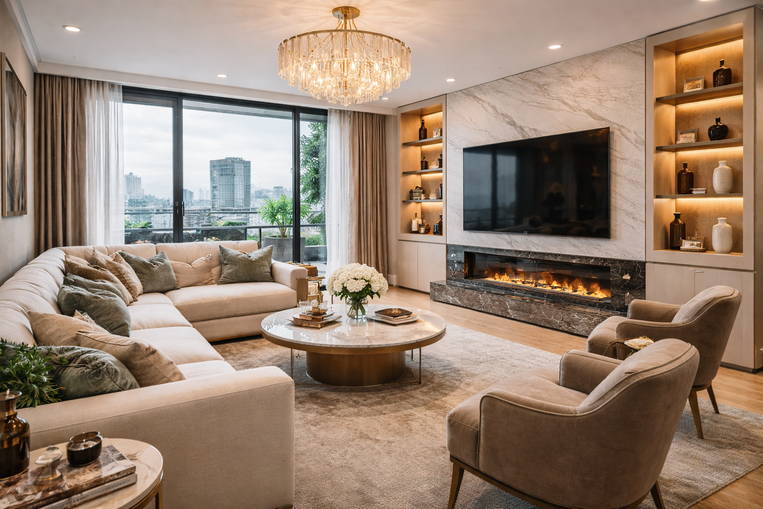 Интерьер гостиной в серых тонах в ясный солнечный день