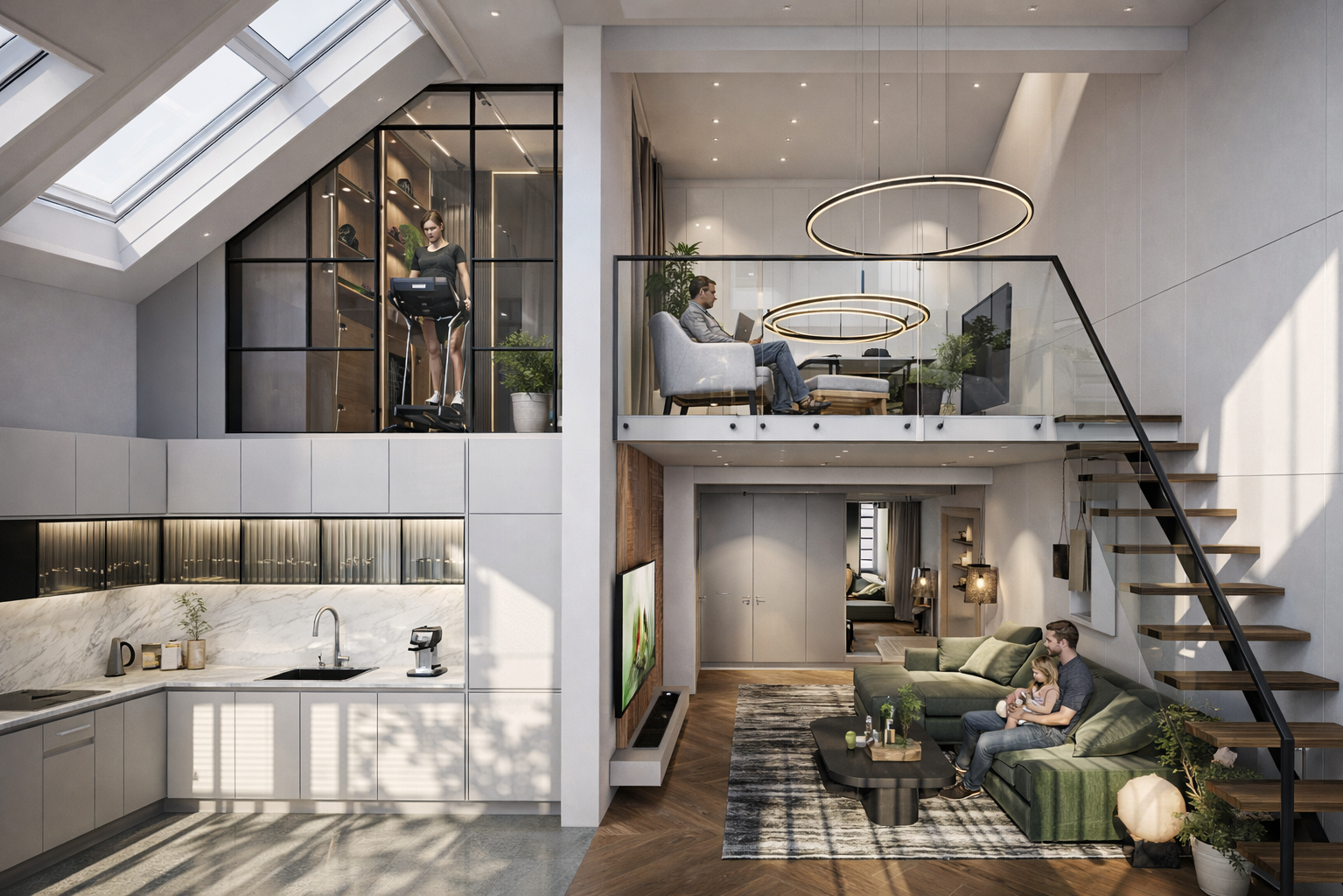 Визуализация интерьера двухэтажной квартиры со вторым светом 