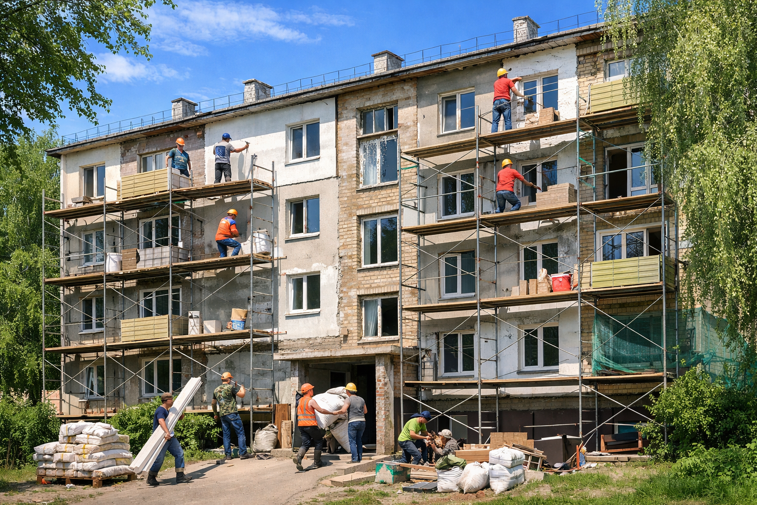 Хрущевка в процессе реновации в ясный солнечный день