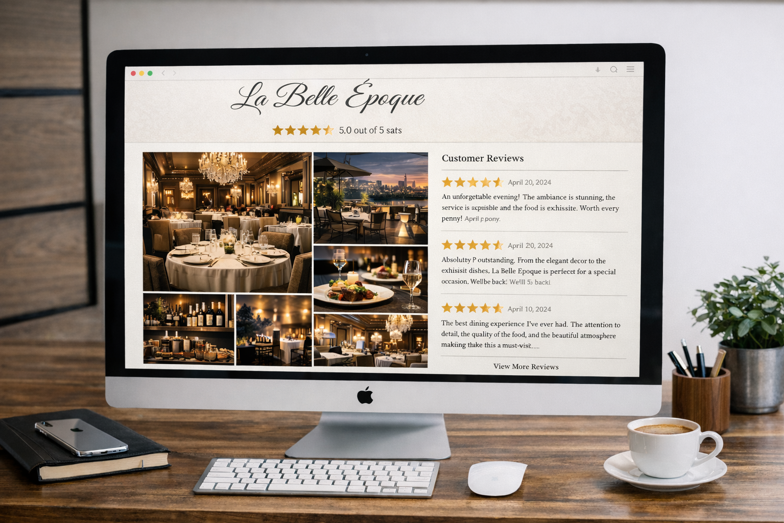Страница с отзывами на веб-сайте элитного ресторана, открыта на мониторе компьютера