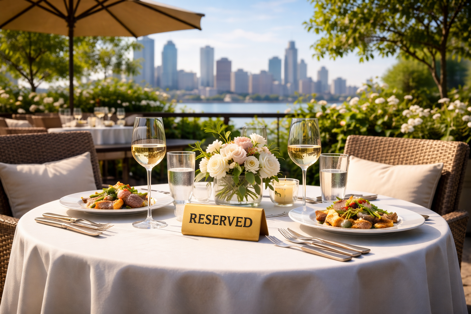 Общий вид забронированного столика на двоих на открытой террасе