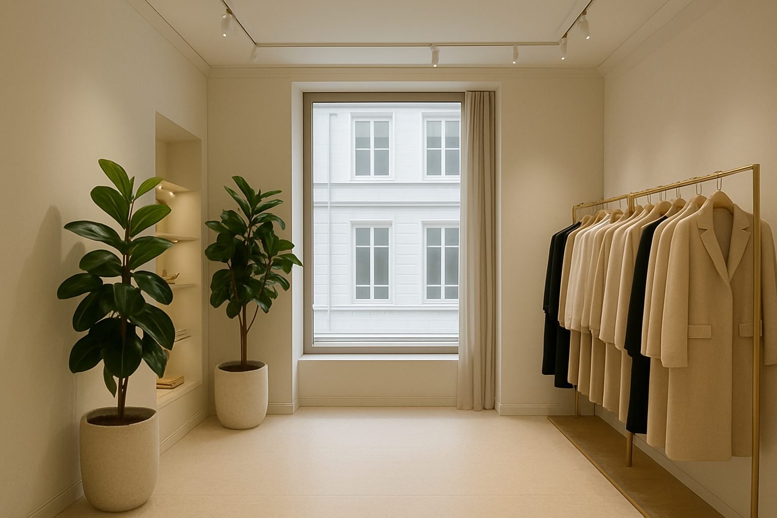 Зона с окном и растениями в бутике женской одежды