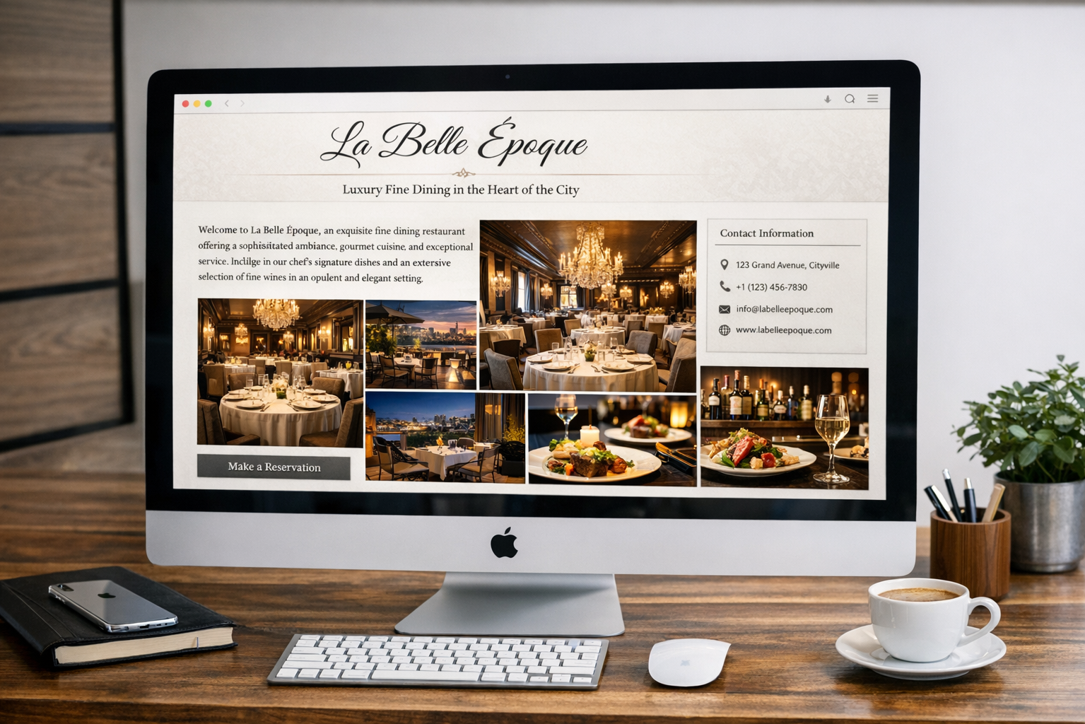 Главная страница веб-сайта элитного ресторана, открыта на мониторе компьютера