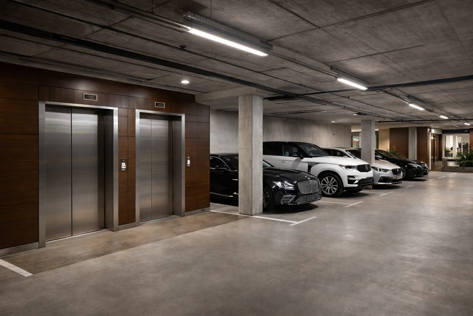 Подземный паркинг в цокольном этаже жилого дома