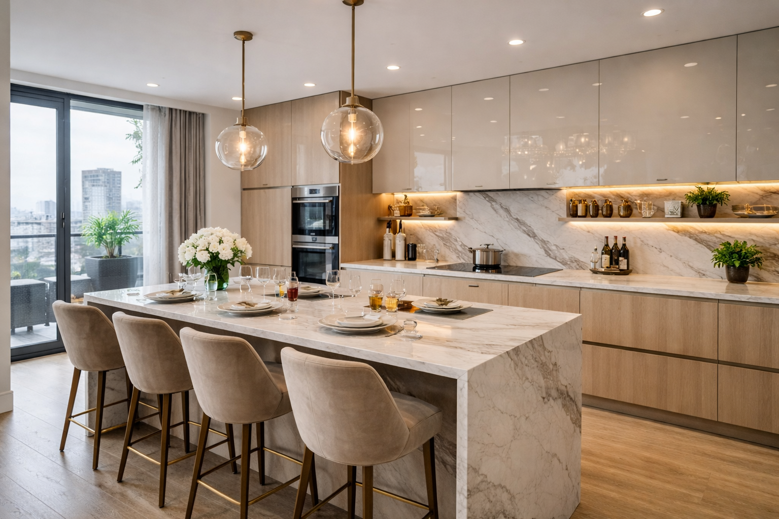 Интерьер кухни-гостиной в серых тонах в ясный солнечный день