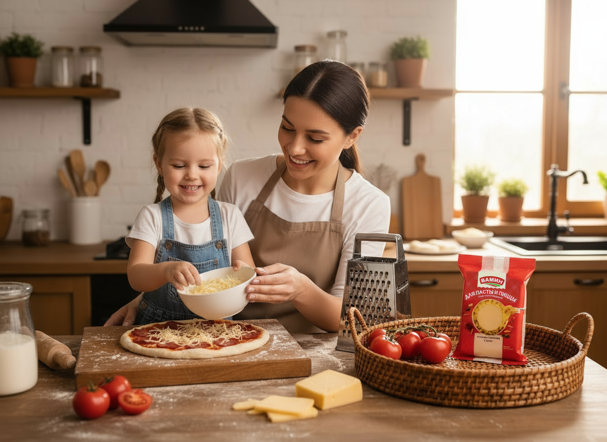 нейрофото мама с дочкой готовят пиццу с сыром на кухне