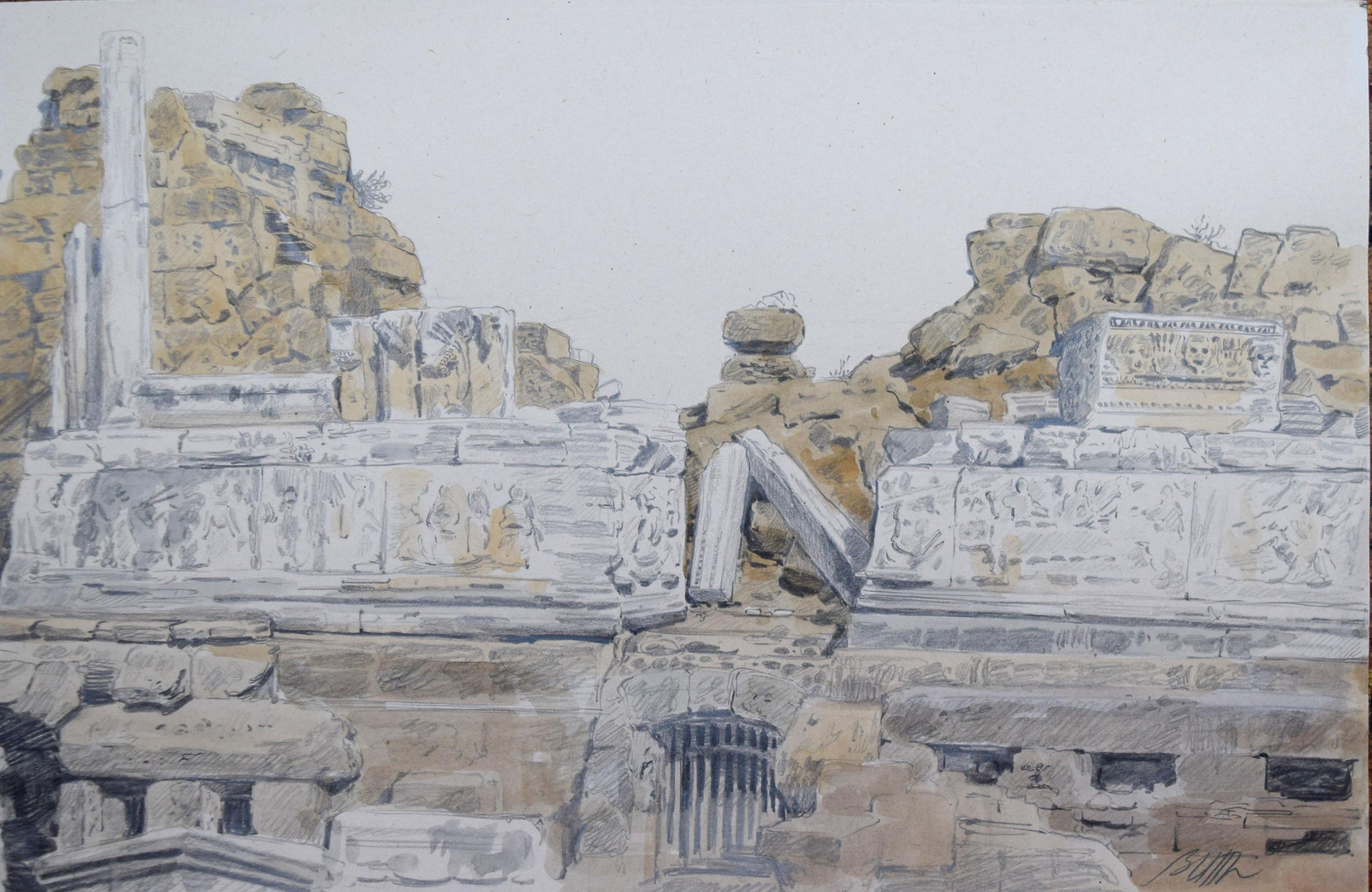 Рисунок, смешенная техника. Пейзаж. Картина. Турция. Сиде. Руины римского амфитеатра. Путешествия.