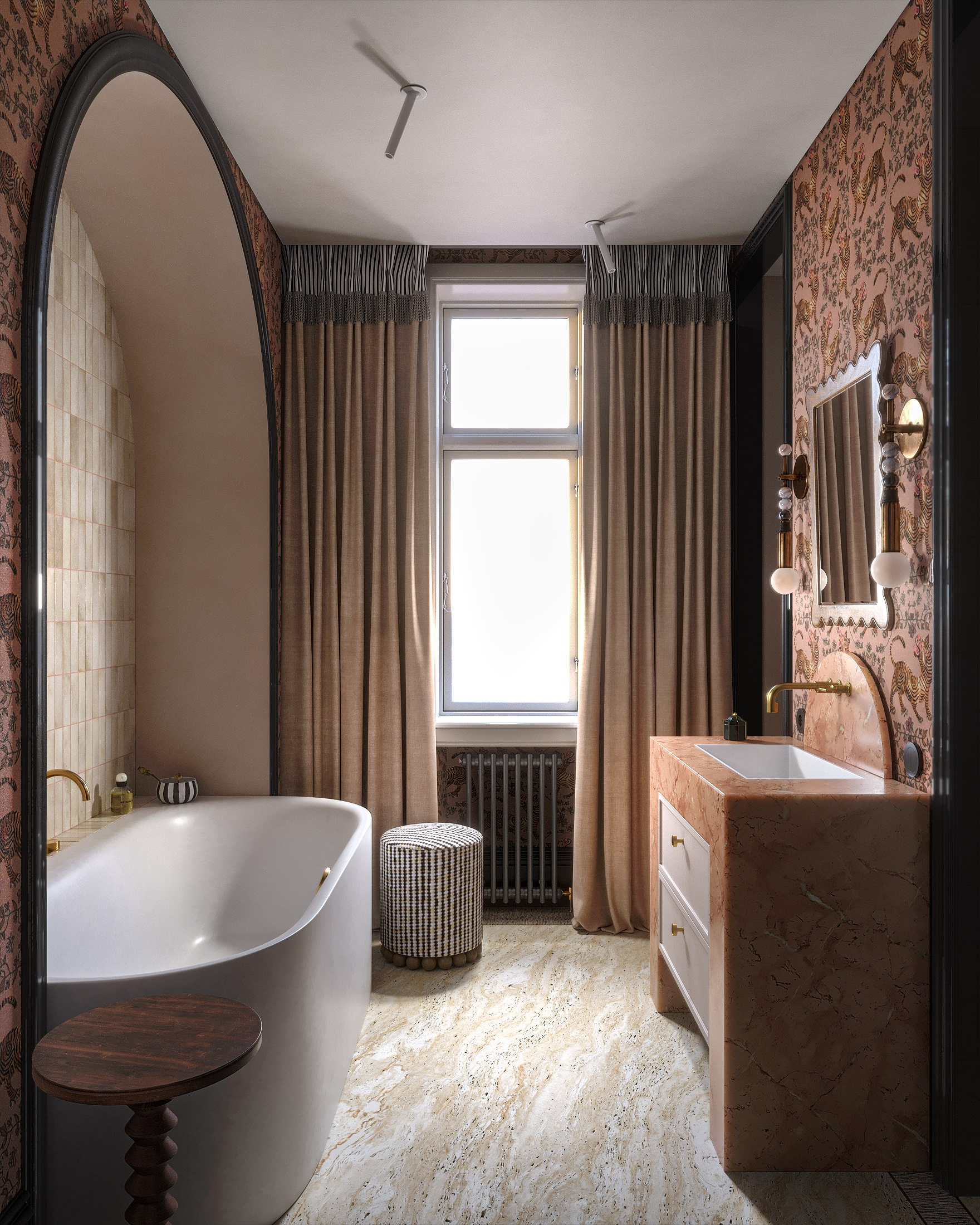 3D render of a luxurious marble vanity unit with gold faucet and mirror framed by tiger-print wallpaper, soft warm lighting; visualización 3D de un elegante baño con bañera exenta blanca, papel pintado con tigres y suelo de mármol beige