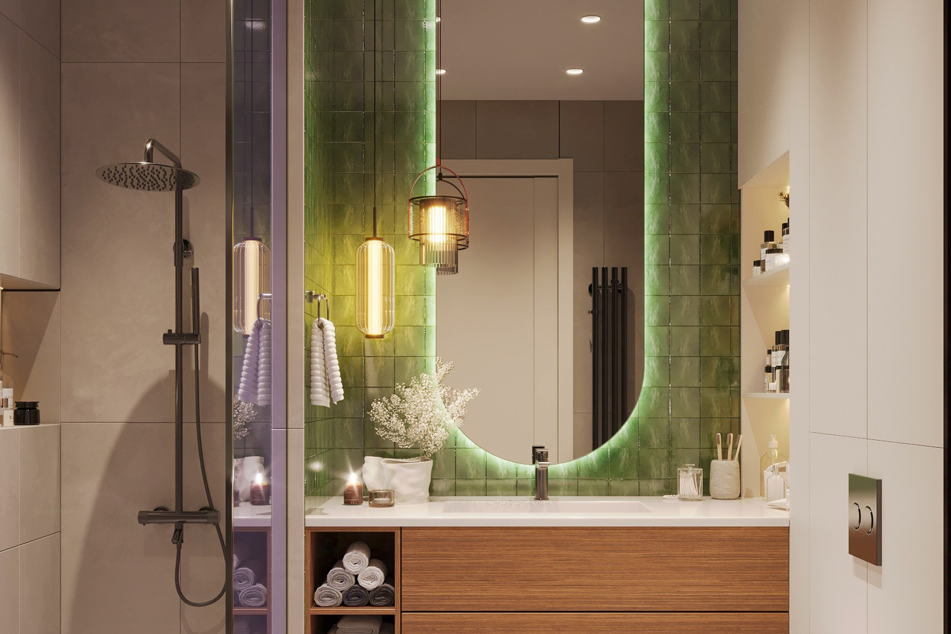 Дизайн современного санузла с тёплой атмосферой. 3Д Визуализация Интерьера и Архитектуры